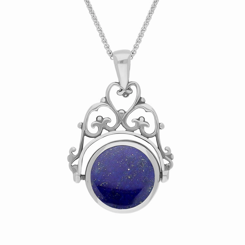 9ct White Gold Whitby Jet Lapis Lazuli Double Sided Round Swivel Fob Necklace