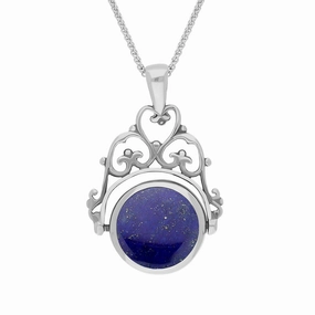 9ct White Gold Whitby Jet Lapis Lazuli Double Sided Round Swivel Fob Necklace