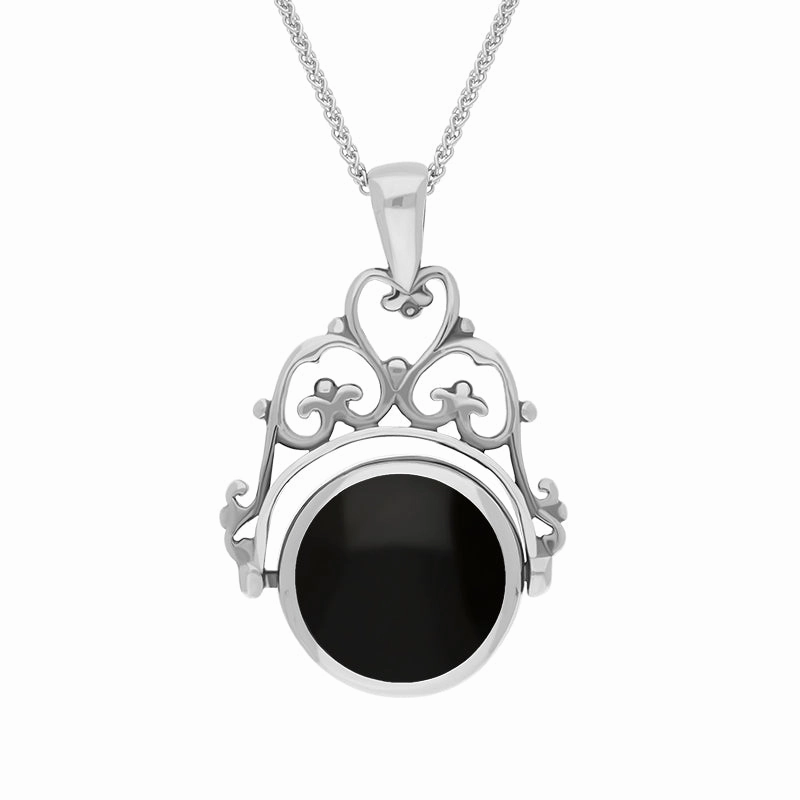 9ct White Gold Whitby Jet Lapis Lazuli Double Sided Round Swivel Fob Necklace