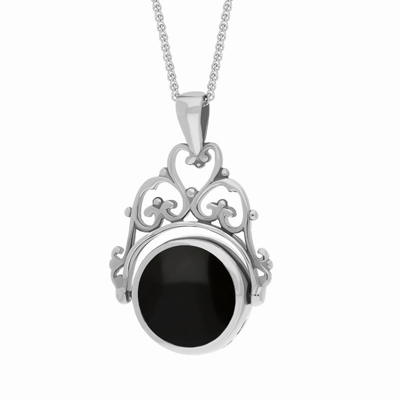9ct White Gold Whitby Jet Lapis Lazuli Double Sided Round Swivel Fob Necklace