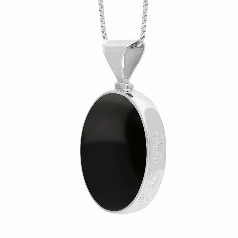 9ct White Gold Whitby Jet Lapis Lazuli Hallmark Double Sided Oval Necklace
