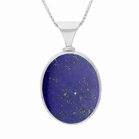 9ct White Gold Whitby Jet Lapis Lazuli Hallmark Double Sided Oval Necklace