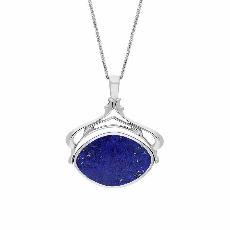 9ct White Gold Whitby Jet Lapis Lazuli Marquise Swivel Fob Necklace