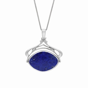 9ct White Gold Whitby Jet Lapis Lazuli Marquise Swivel Fob Necklace
