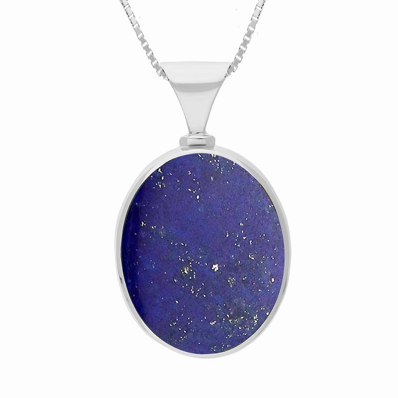 9ct White Gold Whitby Jet Lapis Lazuli Queens Jubilee Hallmark Double Sided Oval Necklace D
