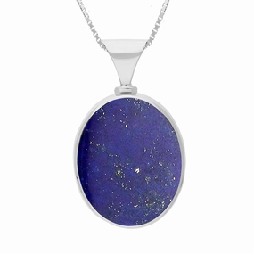 9ct White Gold Whitby Jet Lapis Lazuli Queens Jubilee Hallmark Double Sided Oval Necklace D