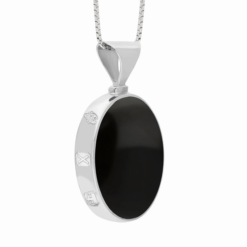 9ct White Gold Whitby Jet Lapis Lazuli Queens Jubilee Hallmark Double Sided Oval Necklace D