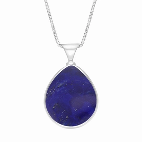 9ct White Gold Whitby Jet Lapis Lazuli Queens Jubilee Hallmark Double Sided Pear-shaped Necklace D