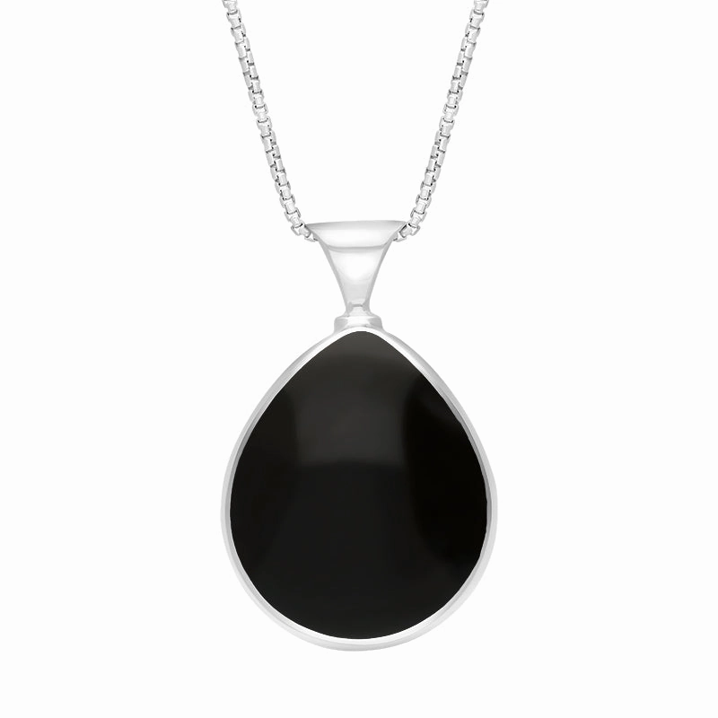 9ct White Gold Whitby Jet Lapis Lazuli Queens Jubilee Hallmark Double Sided Pear-shaped Necklace D