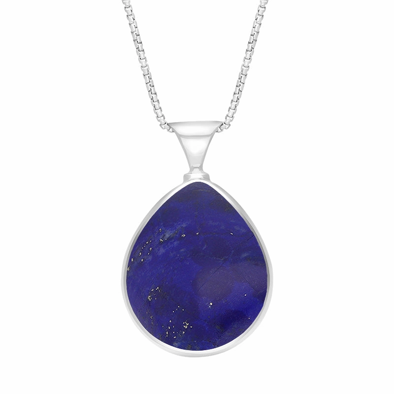 9ct White Gold Whitby Jet Lapis Lazuli Queens Jubilee Hallmark Double Sided Pear-shaped Necklace D