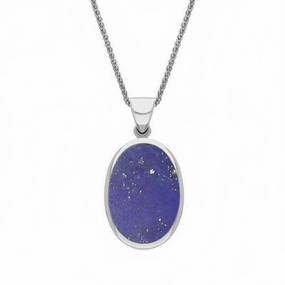 9ct White Gold Whitby Jet Lapis Lazuli Small Double Sided Fob Necklace