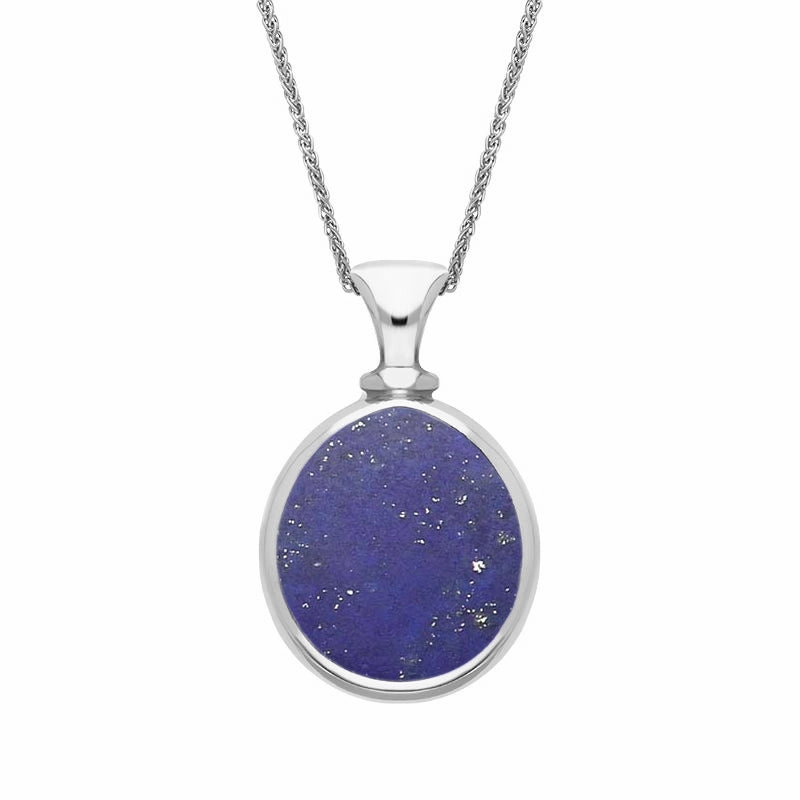 9ct White Gold Whitby Jet Lapis Lazuli Small Double Sided Pear Fob Necklace