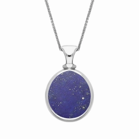 9ct White Gold Whitby Jet Lapis Lazuli Small Double Sided Pear Fob Necklace