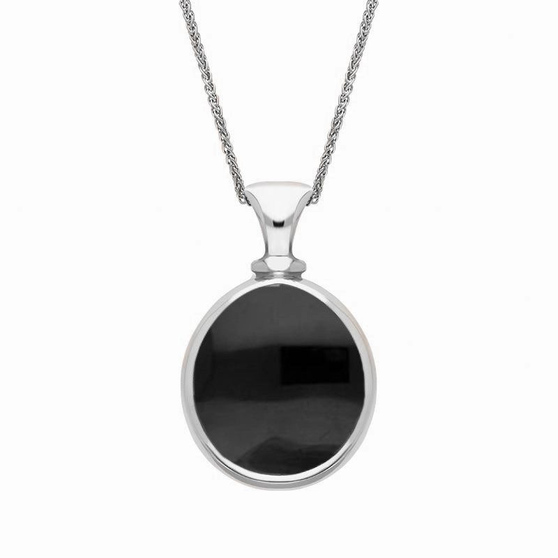 9ct White Gold Whitby Jet Lapis Lazuli Small Double Sided Pear Fob Necklace