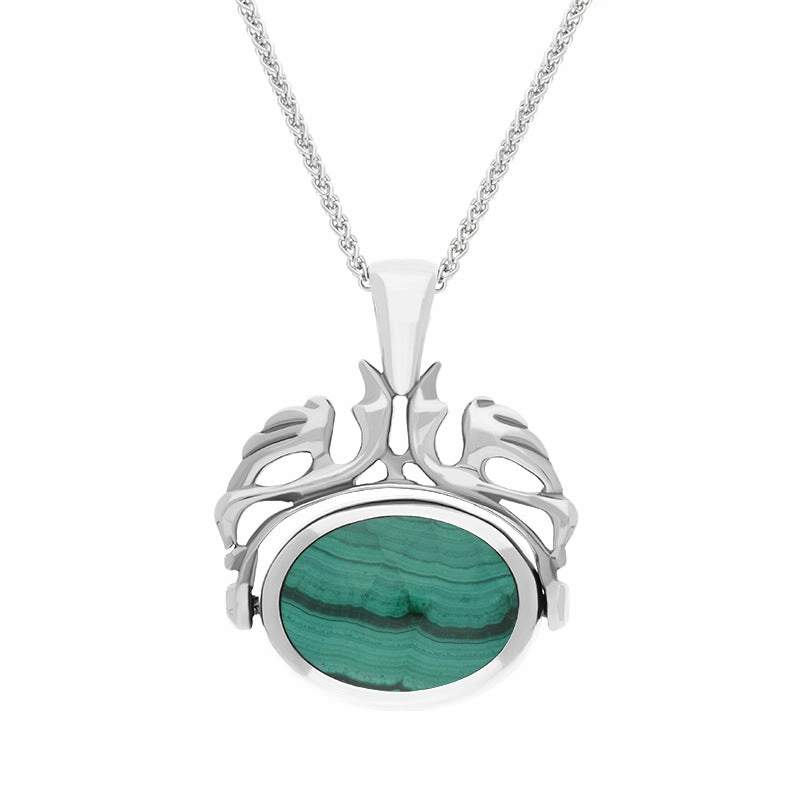9ct White Gold Whitby Jet Malachite Double Sided Oval Swivel Fob Necklace