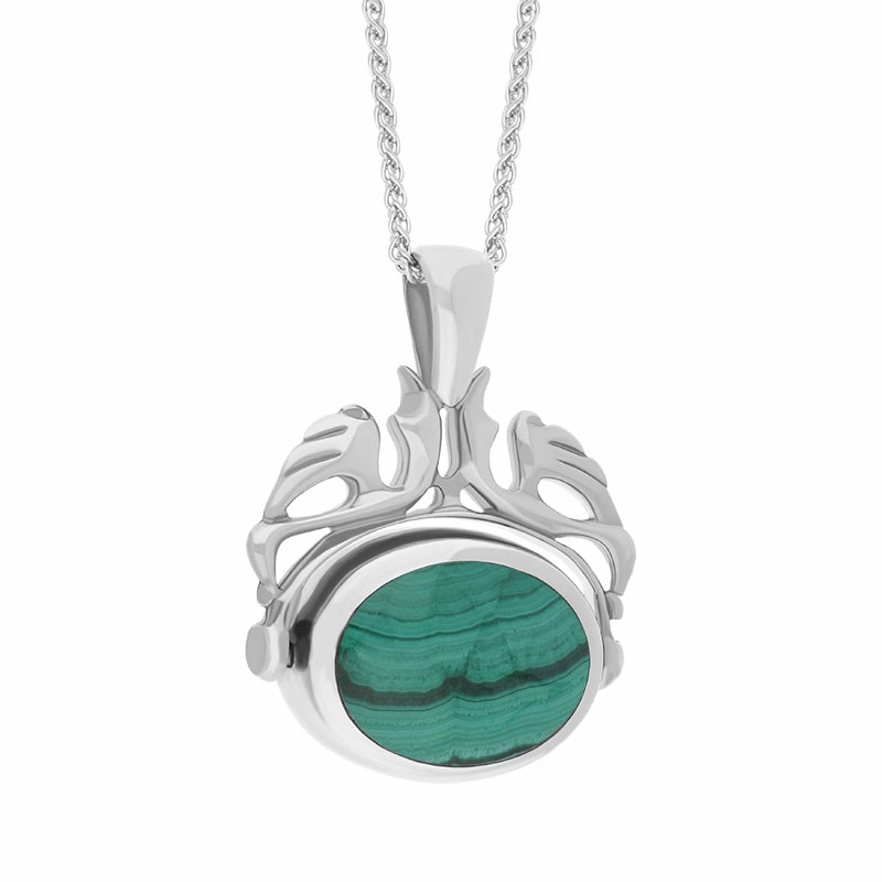 9ct White Gold Whitby Jet Malachite Double Sided Oval Swivel Fob Necklace