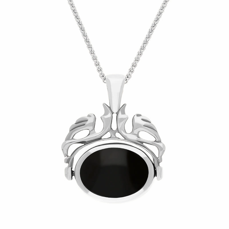 9ct White Gold Whitby Jet Malachite Double Sided Oval Swivel Fob Necklace