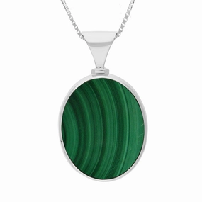9ct White Gold Whitby Jet Malachite Queens Jubilee Hallmark Double Sided Oval Necklace D