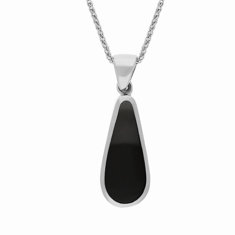 9ct White Gold Whitby Jet Malachite Small Double Sided Pear Cut Fob Necklace