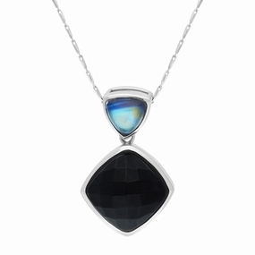 9ct White Gold Whitby Jet Moonstone Faceted Cushion Drop Necklace D