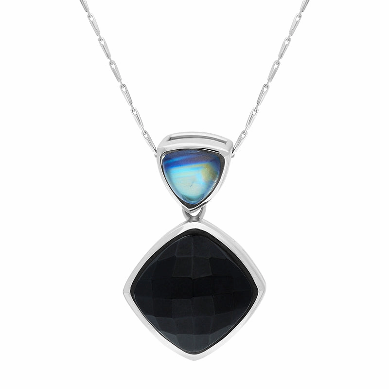9ct White Gold Whitby Jet Moonstone Faceted Cushion Drop Necklace D