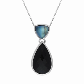 9ct White Gold Whitby Jet Moonstone Faceted Pear Necklace D