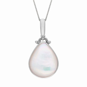 9ct White Gold Whitby Jet Mother of Pearl Double Sided Pear Fob Necklace