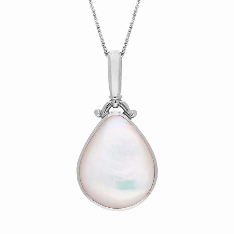 9ct White Gold Whitby Jet Mother of Pearl Double Sided Pear Fob Necklace