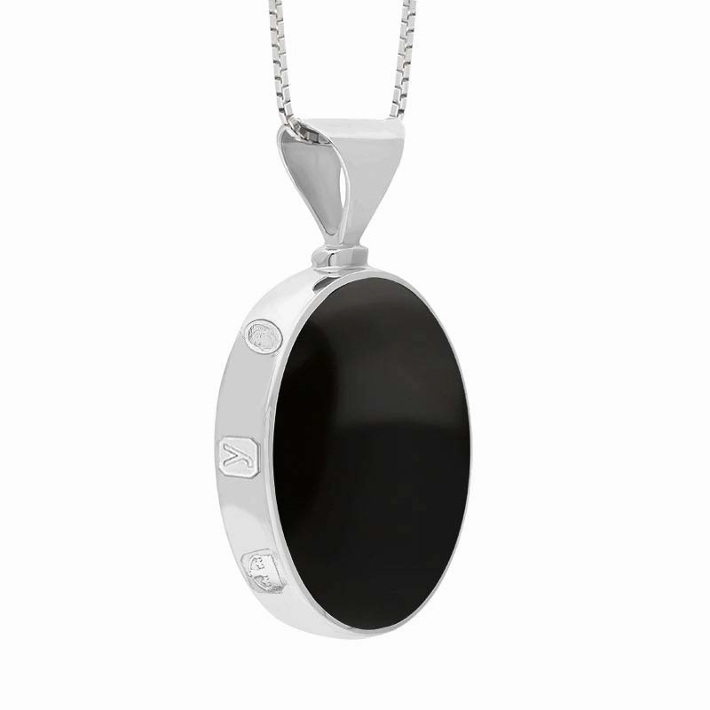 9ct White Gold Whitby Jet Mother of Pearl King's Coronation Hallmark Double Sided Oval Necklace D