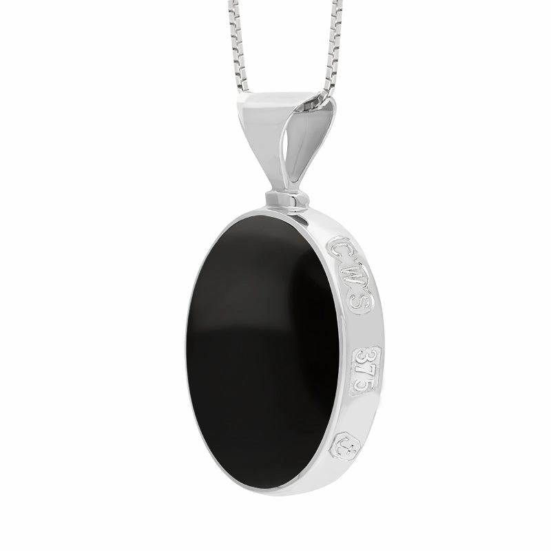 9ct White Gold Whitby Jet Mother of Pearl King's Coronation Hallmark Double Sided Oval Necklace D