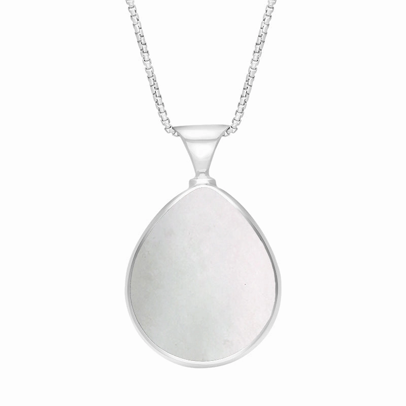 9ct White Gold Whitby Jet Mother of Pearl King's Coronation Hallmark Double Sided Pear-shaped Necklace D