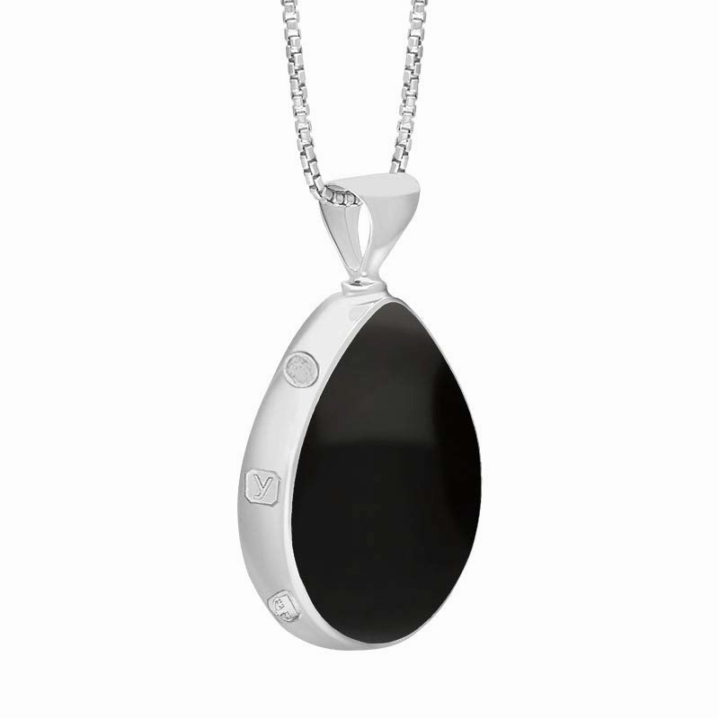 9ct White Gold Whitby Jet Mother of Pearl King's Coronation Hallmark Double Sided Pear-shaped Necklace D