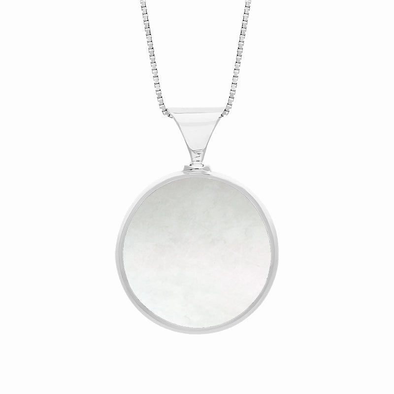 9ct White Gold Whitby Jet Mother of Pearl King's Coronation Hallmark Double Sided Round Necklace D