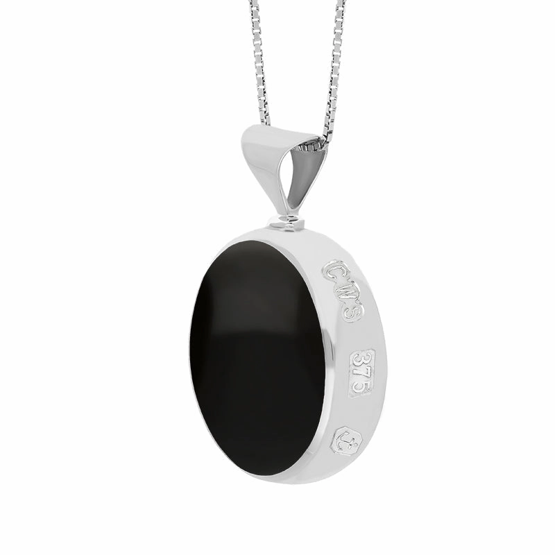 9ct White Gold Whitby Jet Mother of Pearl King's Coronation Hallmark Double Sided Round Necklace D