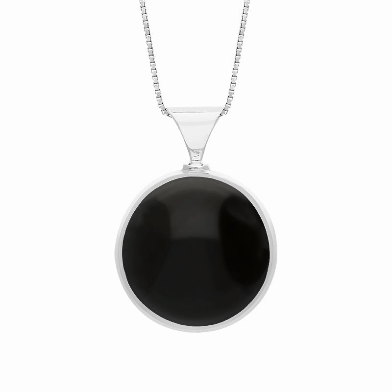 9ct White Gold Whitby Jet Mother of Pearl King's Coronation Hallmark Double Sided Round Necklace D