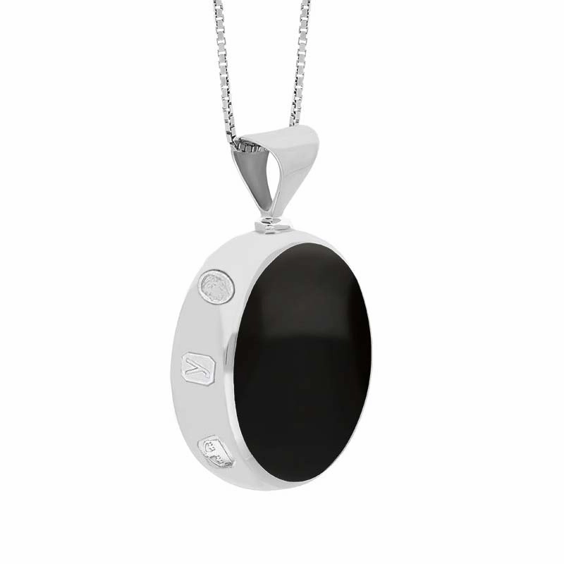 9ct White Gold Whitby Jet Mother of Pearl King's Coronation Hallmark Double Sided Round Necklace D