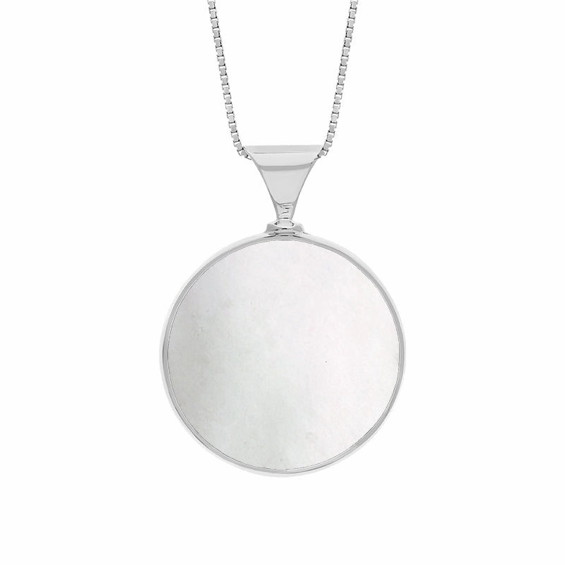 9ct White Gold Whitby Jet Mother of Pearl King's Coronation Hallmark Double Sided Round Necklace D