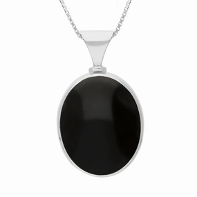 9ct White Gold Whitby Jet Mother of Pearl Queens Jubilee Hallmark Double Sided Oval Necklace D