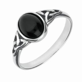 9ct White Gold Whitby Jet Oval Celtic Shoulder Ring