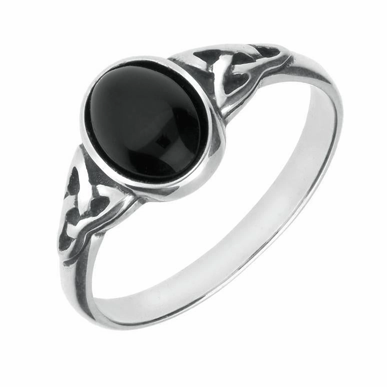 9ct White Gold Whitby Jet Oval Celtic Shoulder Ring