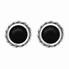9ct White Gold Whitby Jet Round Twist Edge Stud Earrings