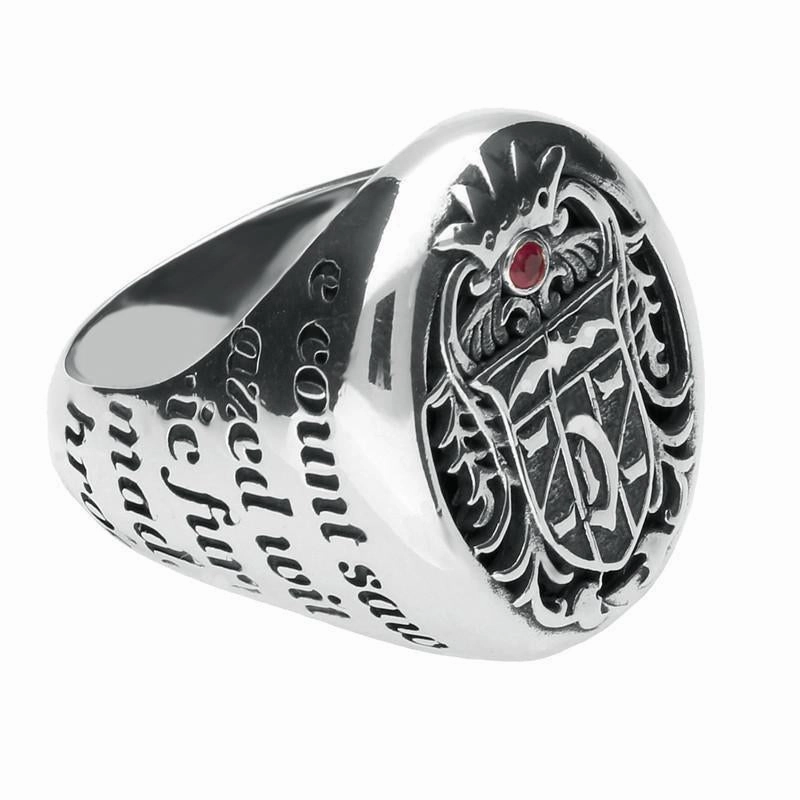 9ct White Gold Whitby Jet Ruby Dracula Crest Replica Signet Ring