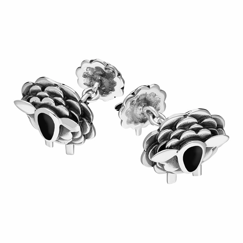 9ct White Gold Whitby Jet Sheep Chain Link Cufflinks