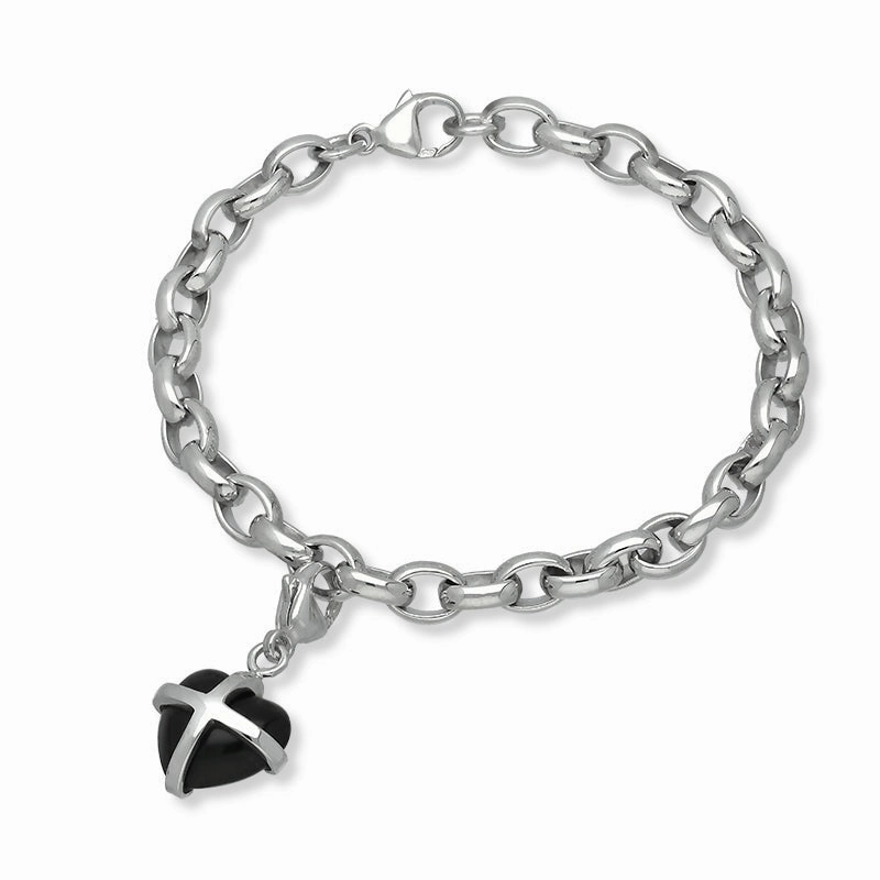 9ct White Gold Whitby Jet Small Cross Heart Charm Bracelet