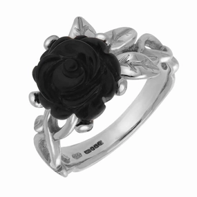 9ct White Gold Whitby Jet Tuberose 10mm Rose Leaf Twist Ring