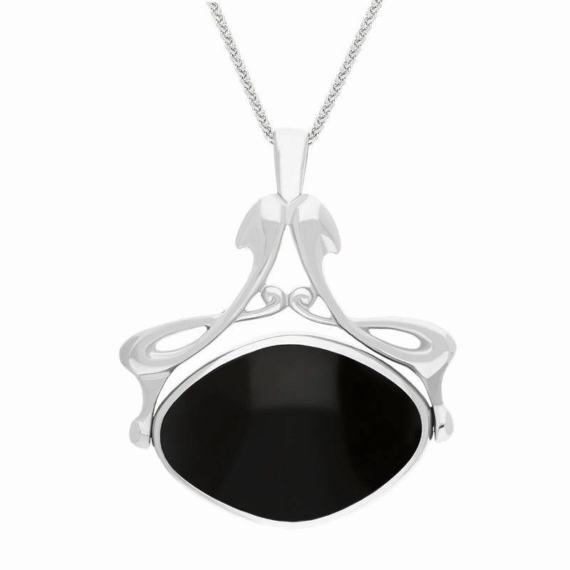 9ct White Gold Whitby Jet Turquoise Bell Diamond Swivel Fob Necklace