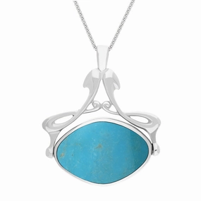 9ct White Gold Whitby Jet Turquoise Bell Diamond Swivel Fob Necklace