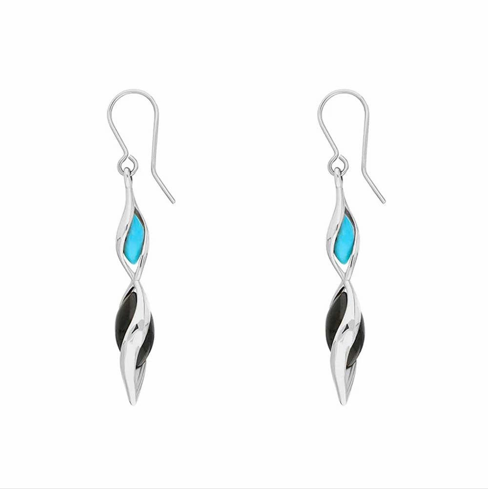 9ct White Gold Whitby Jet Turquoise Double Graduated Twist Drop Earrings