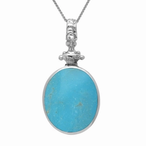 9ct White Gold Whitby Jet Turquoise Double Sided Oval Fob Necklace