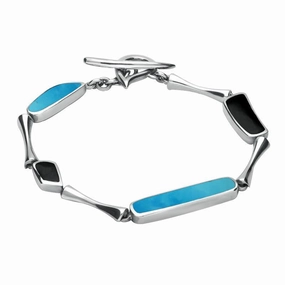 9ct White Gold Whitby Jet Turquoise Four Stone Organic Pear T Bar Bracelet